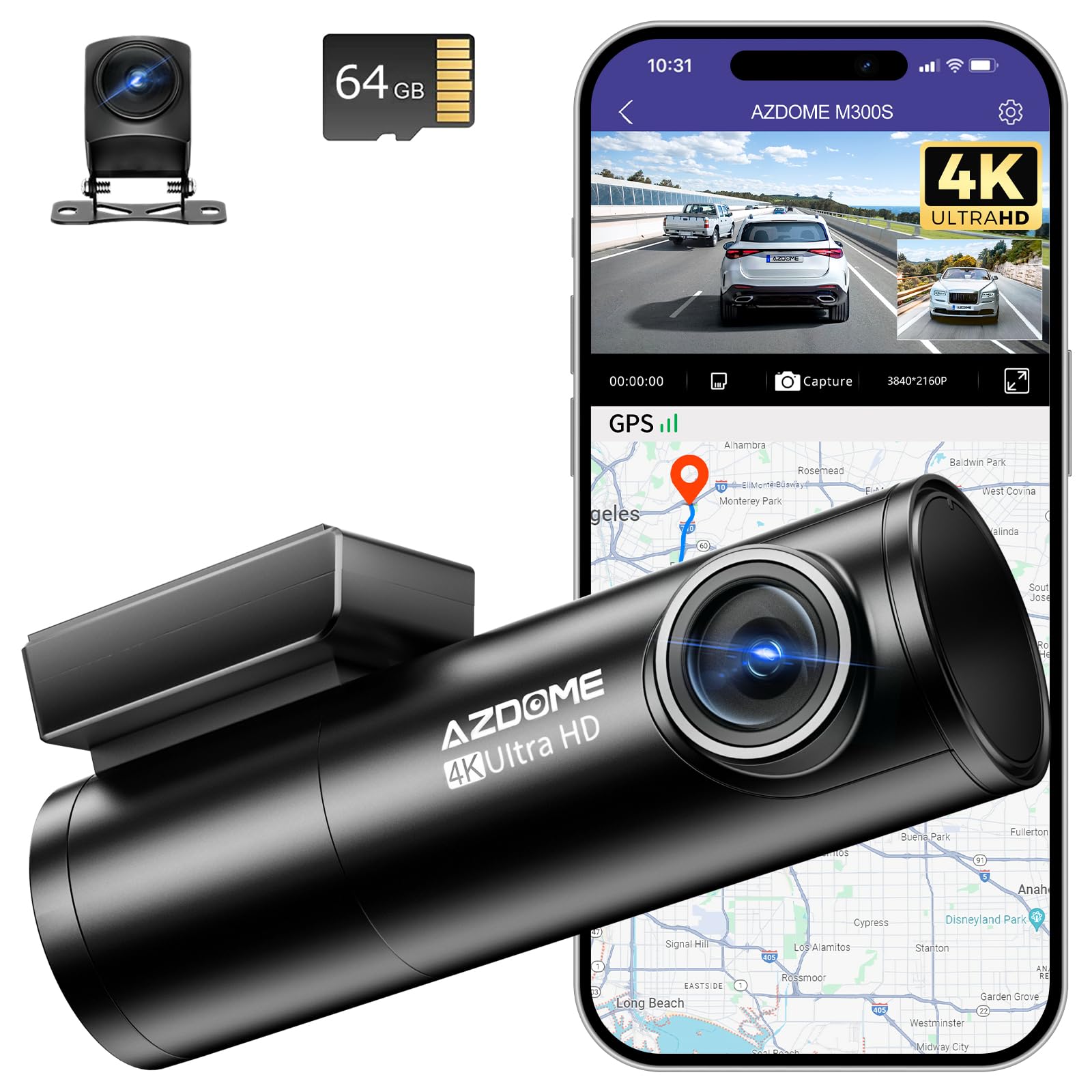 Caméra embarquée voiture 4K avec GPS, WiFi, caméra arrière Full HD et surveillance parking 24h